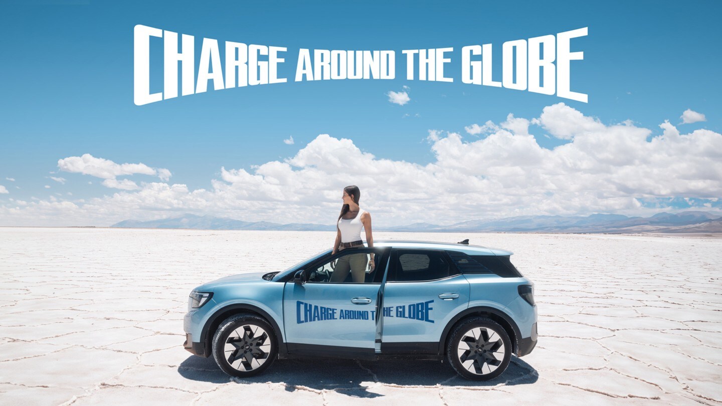 Lexie Limitless and the new all-electric Ford Explorer near pyramids