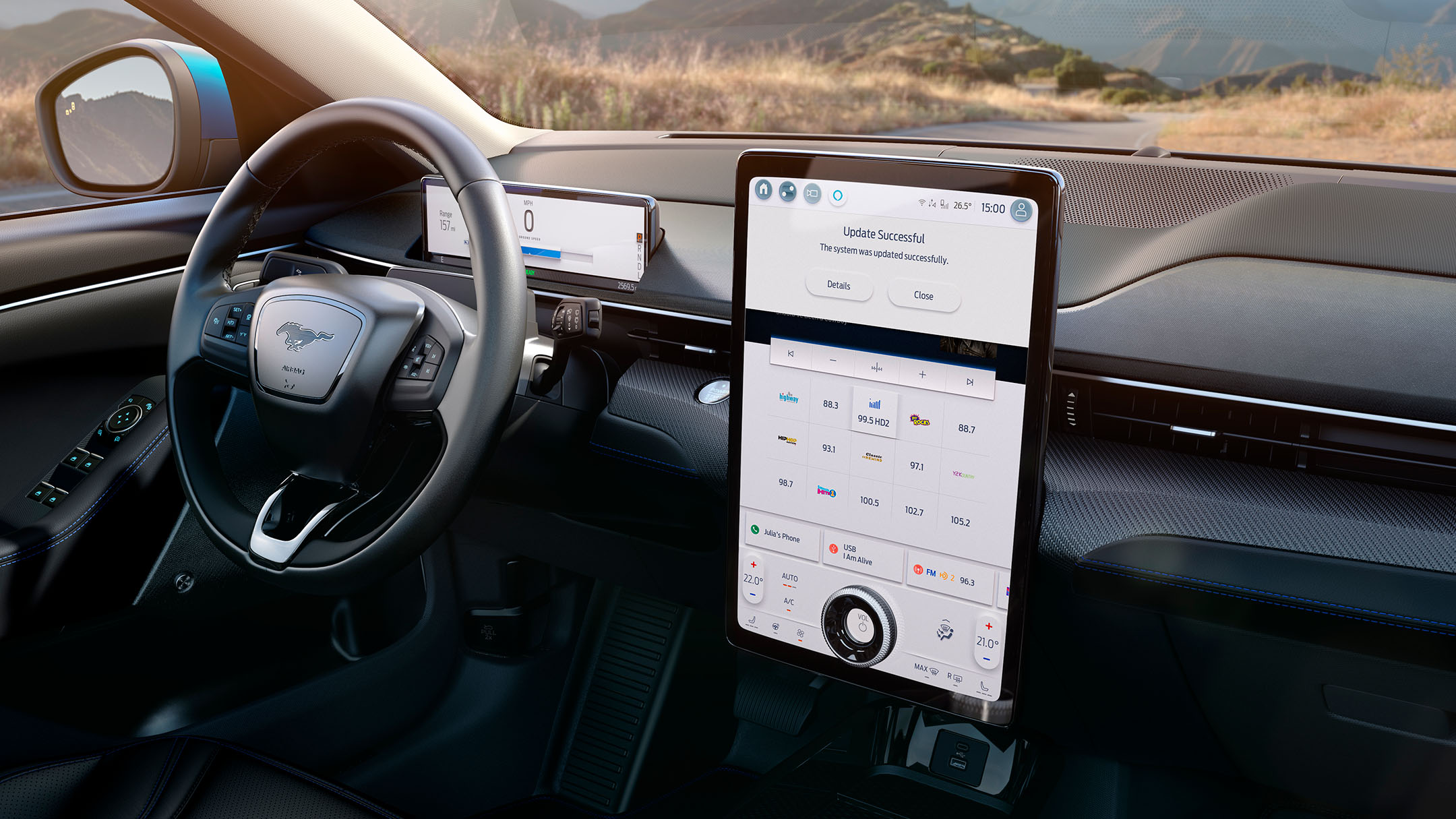Driver using the SYNC 4 touchscreen in an All-New Ford Mustang Mach-E