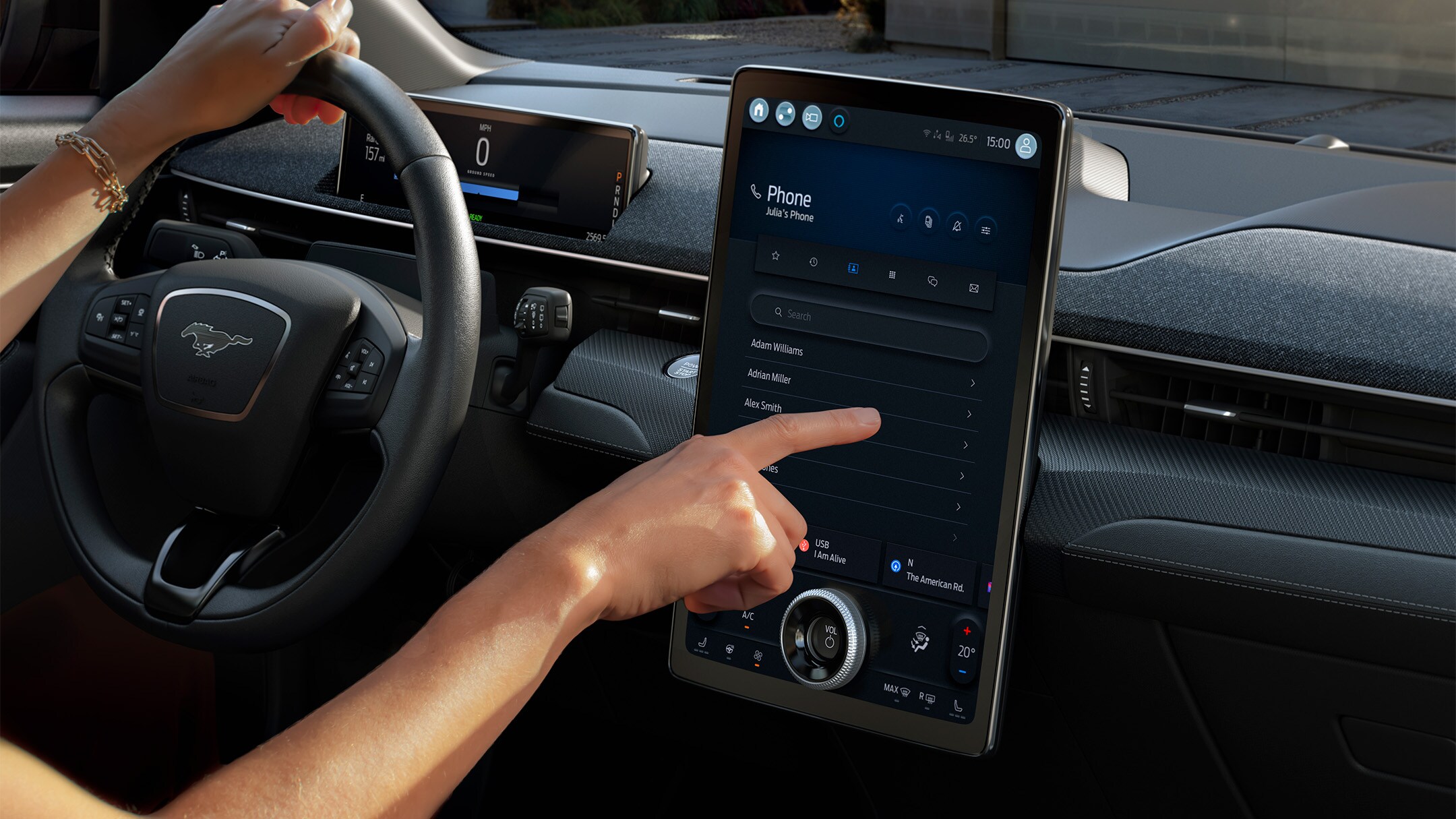 All-New Ford Mustang Mach-E interior with steering wheel and Next Generation Ford SYNC screen