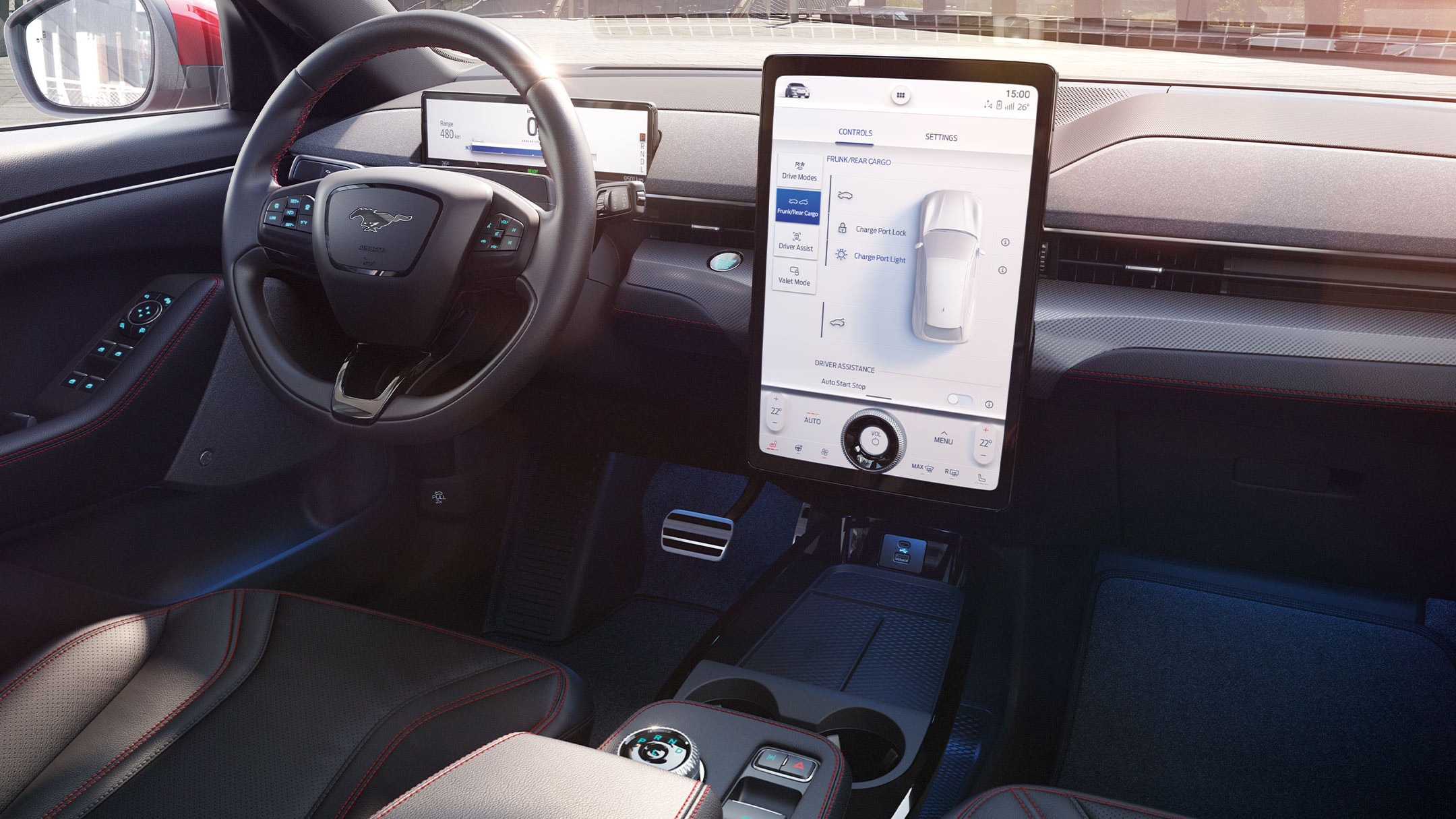 Rear view of a red Ford Mustang Mach-e driving along a road with connectivity diagrams coming off the vehicle