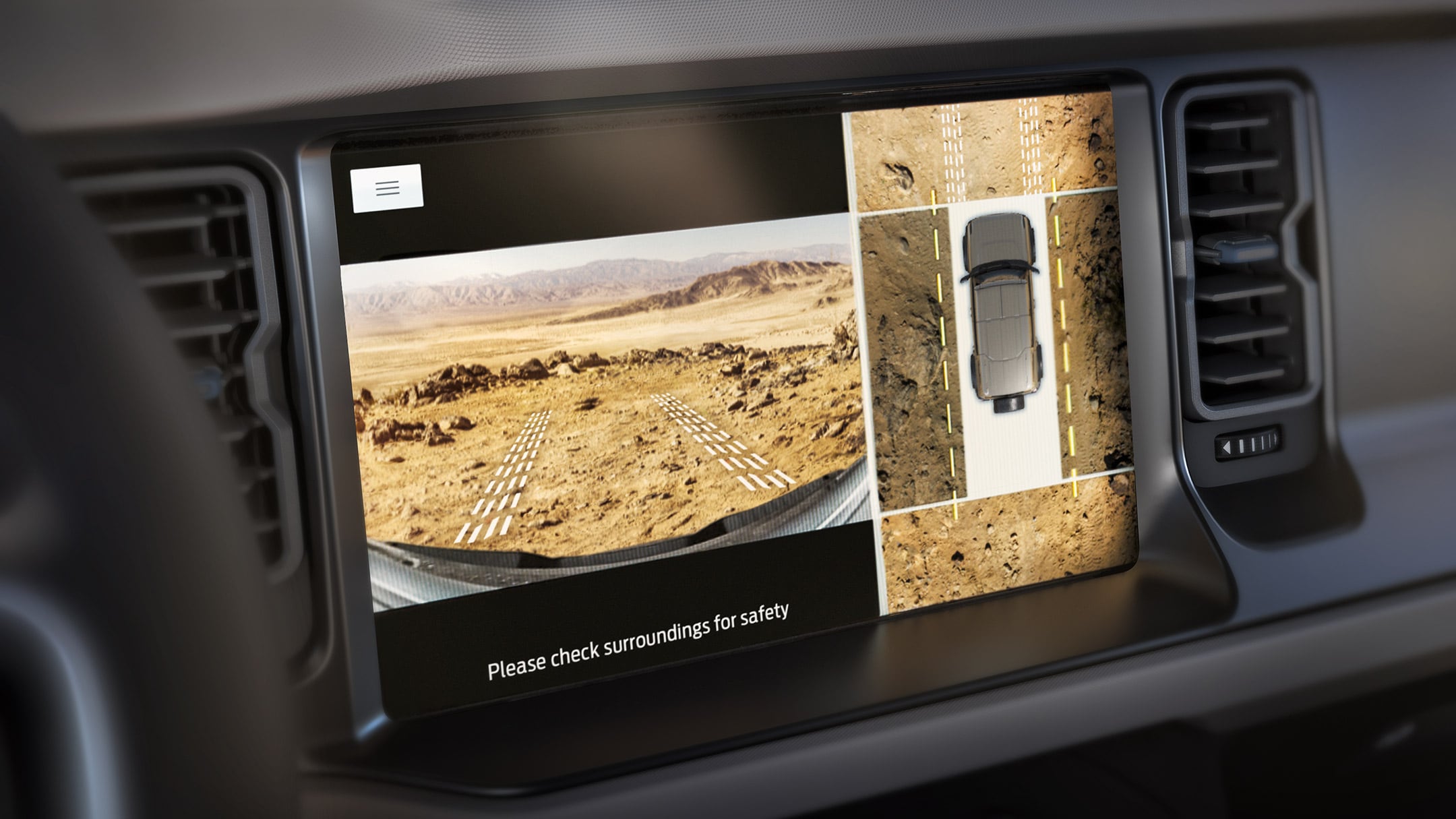 Close-up of the touchscreen showing the 360 camera view