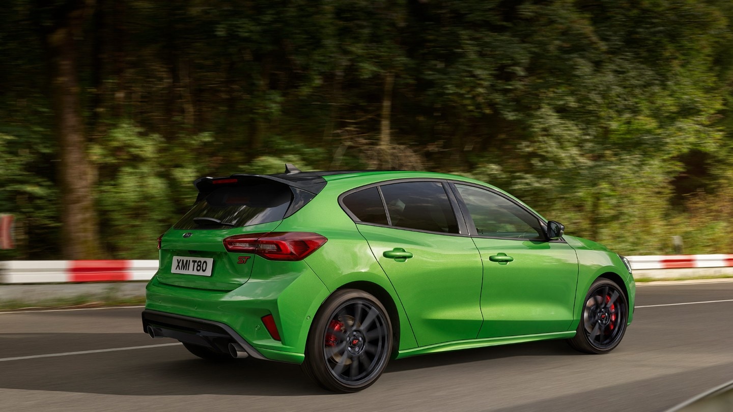 Rear three quarter view of a Ford Focus ST in motion