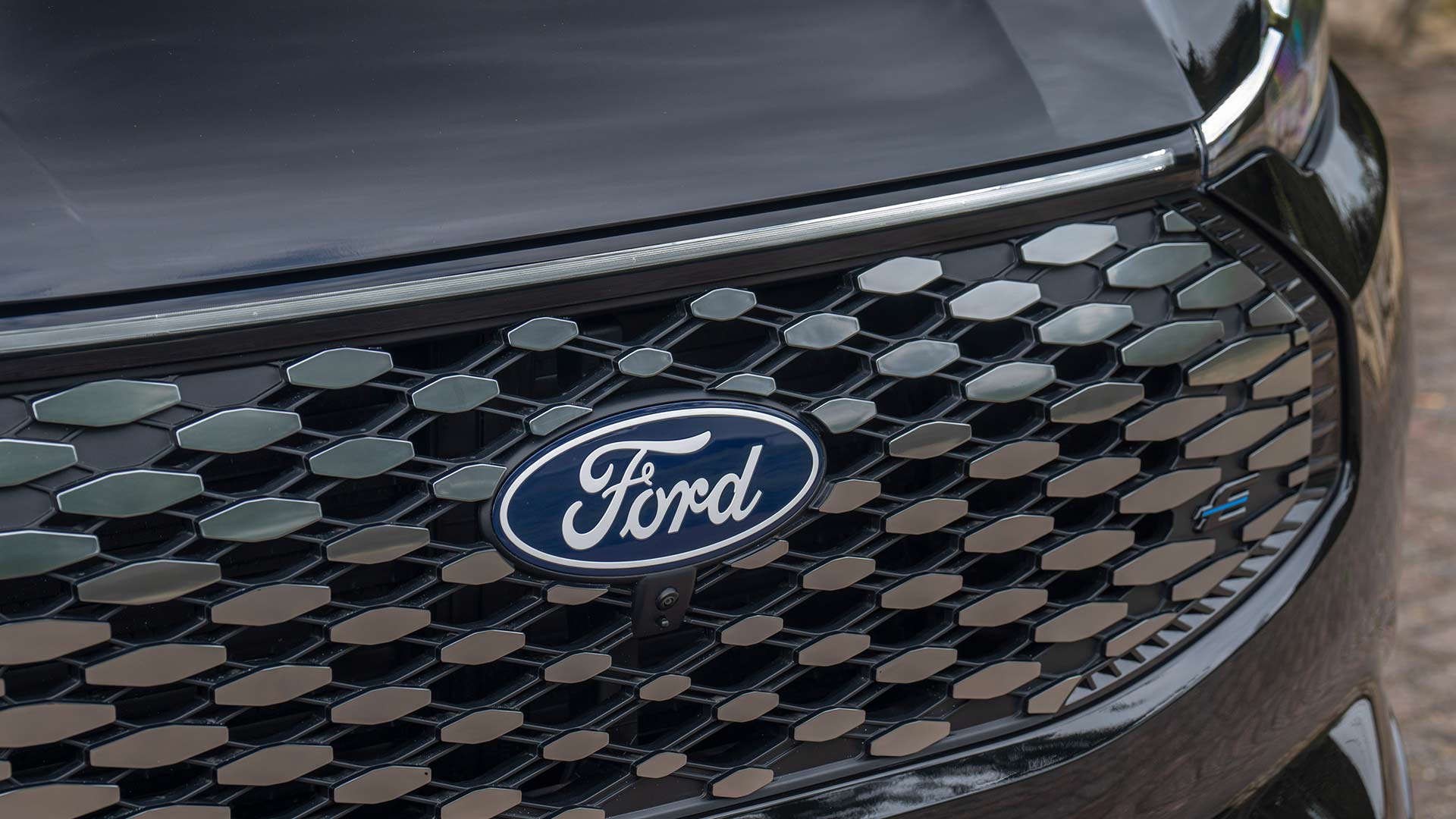 Gros plan du logo Ford et de la calandre à motifs du Ford E-Tourneo Custom.