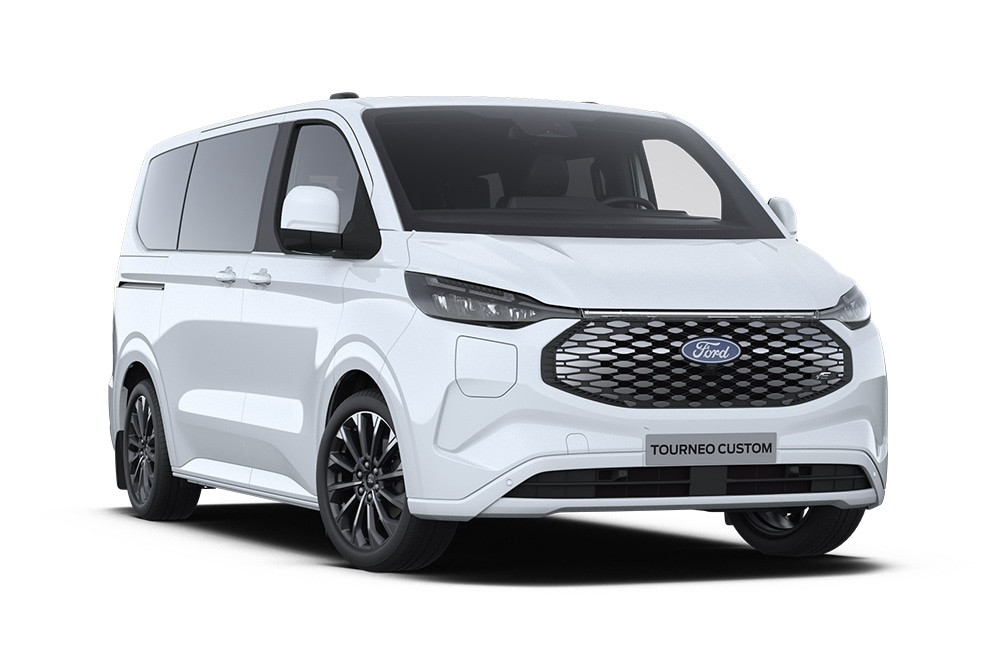 Angle avant gauche d’un Ford E-Tourneo Custom Titanium X blanc.