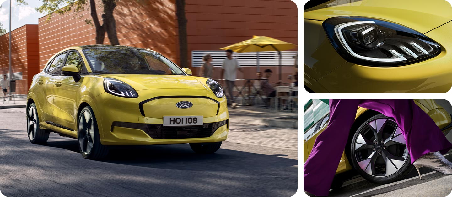 Montage photo montrant le Ford Puma Gen-E® jaune, avec un gros plan sur les feux avant et les jantes en alliage élégantes.