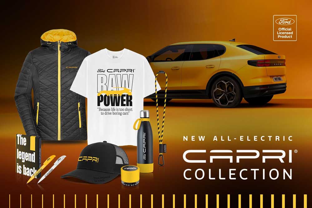 Collection Capri (vêtements, cordon, casquette, gourde, papeterie et enceinte de couleur noire, jaune et blanche) avec un Ford Capri jaune.