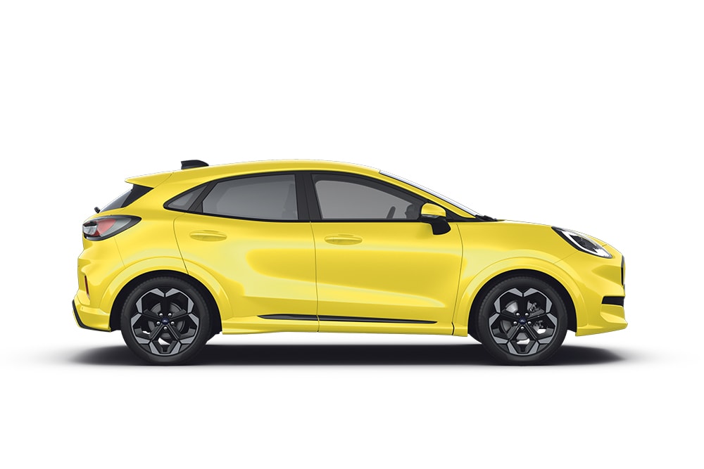 Un Puma Gen-E jaune de la gamme de petites voitures Ford.