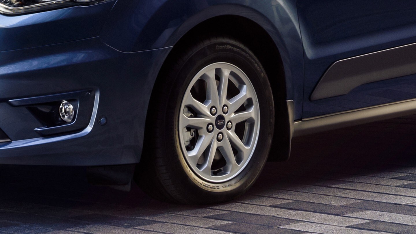 New Blue Ford Transit Connect wheel close up