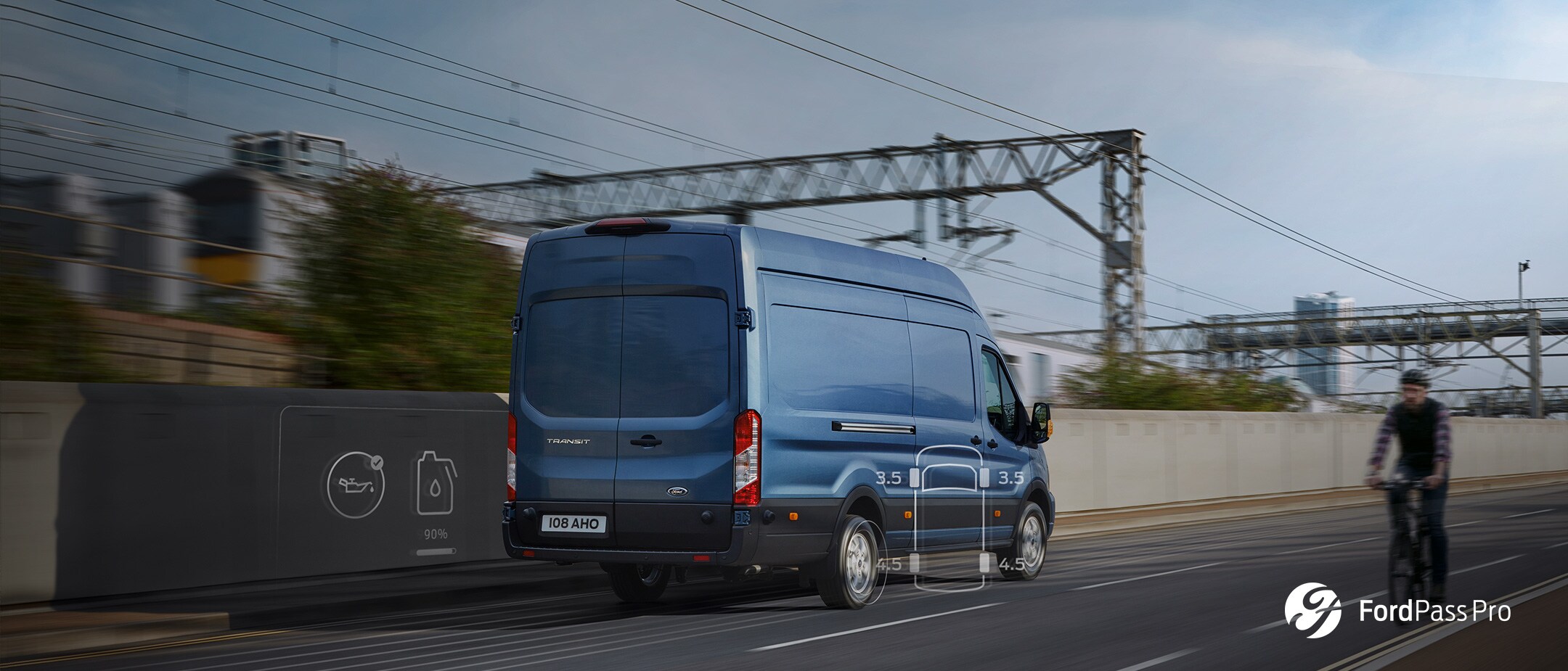 FordPass Pro Blue Ford Transit Van rear view on road