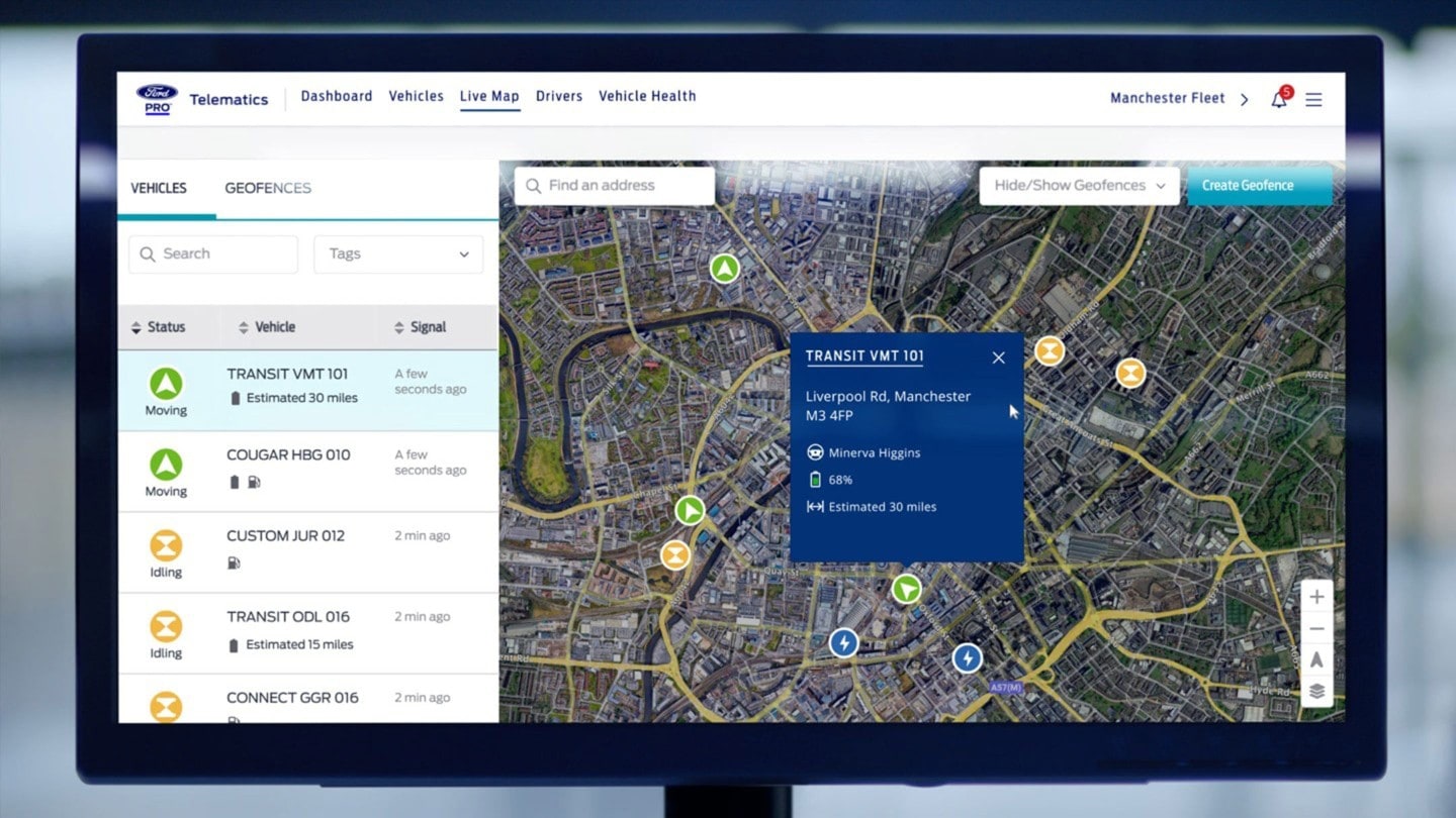 Ford Pro Telematics Live Map view