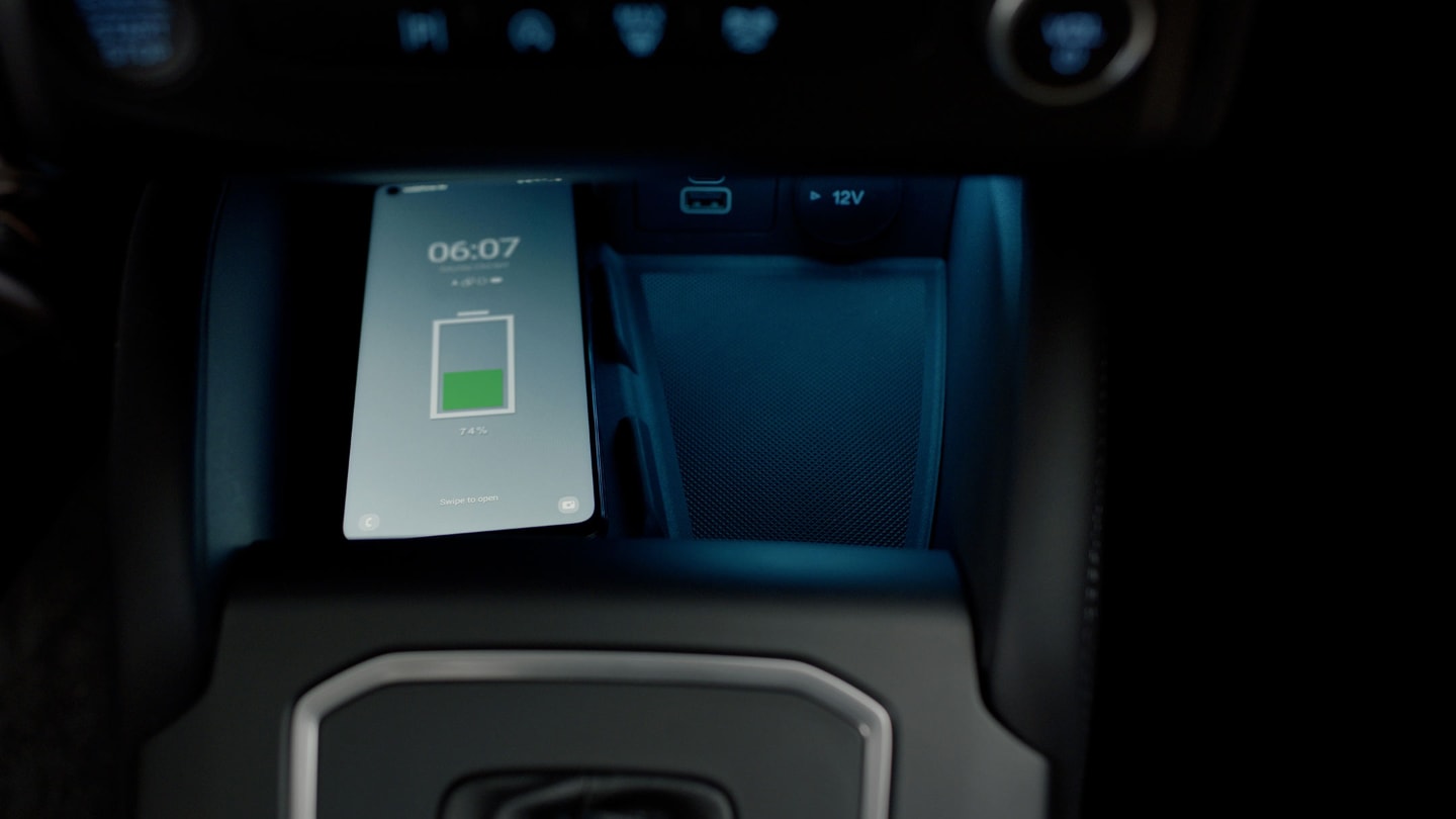 Photo of the Ford Tourneo Connect interior showing the phone charging functionality.