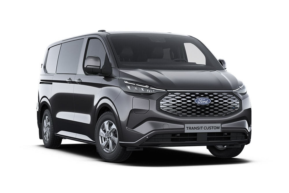 Fourgon Ford E-Transit Custom Limited Multi-use gris anthracite vu de face.
