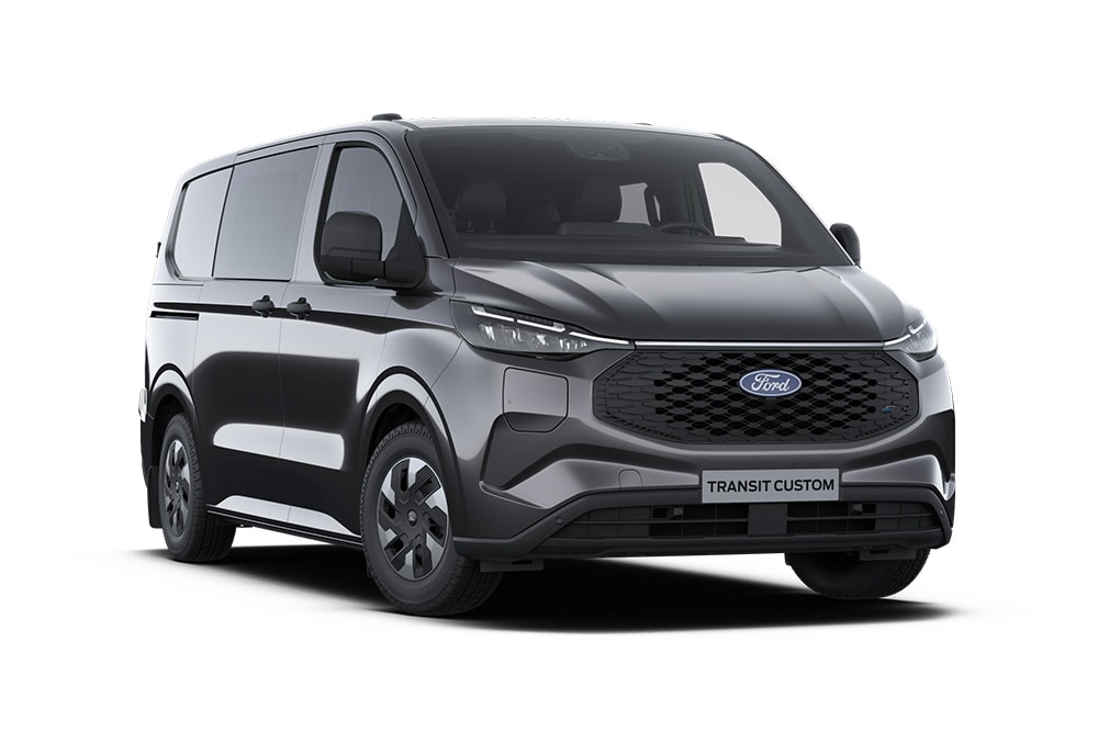 Fourgon Ford E-Transit Custom Trend Multi-use gris anthracite vu de face.