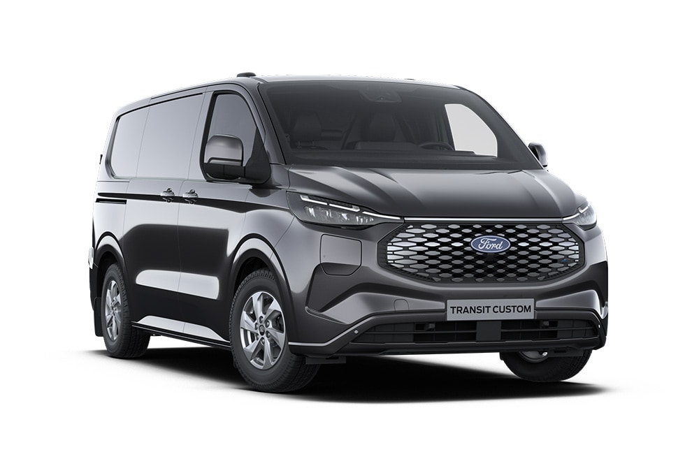 Fourgon Ford E-Transit Custom Limited gris anthracite vu de face.