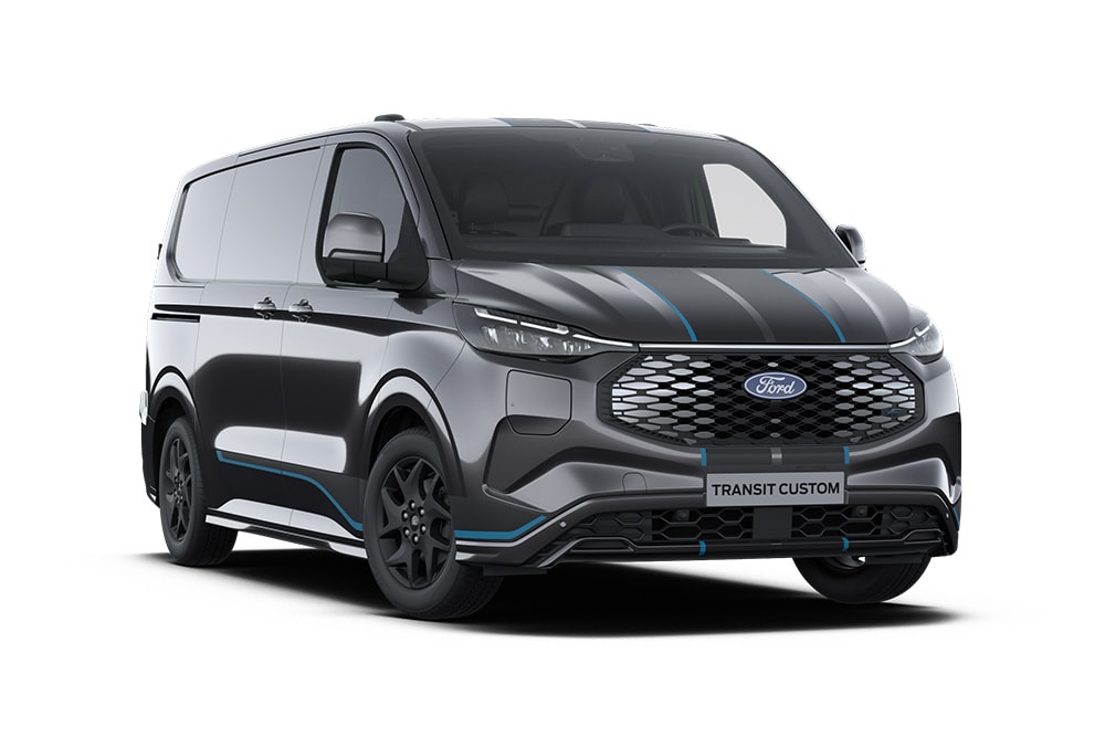Fourgon Ford E-Transit Custom Sport gris anthracite vu de face.