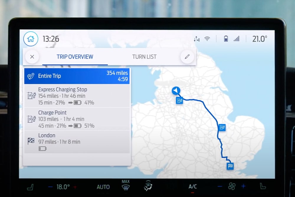 Écran de navigation dans un Ford Transit Custom montrant le tracé d'un itinéraire.