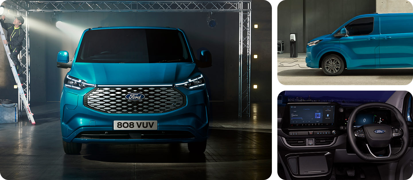 Fourgon Ford E-Transit Custom bleu, vu de face.