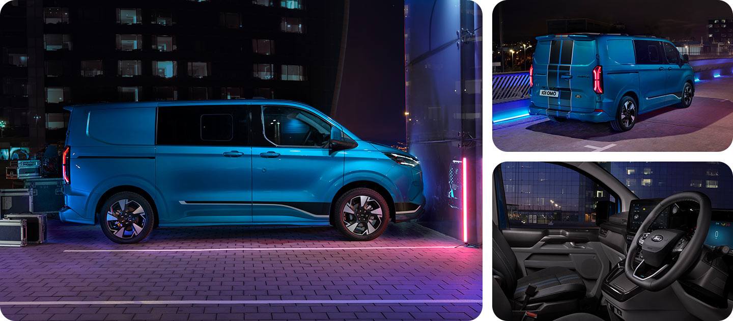 Fourgon électrique Ford E-Transit Custom Multi-use bleu, vue latérale de nuit.