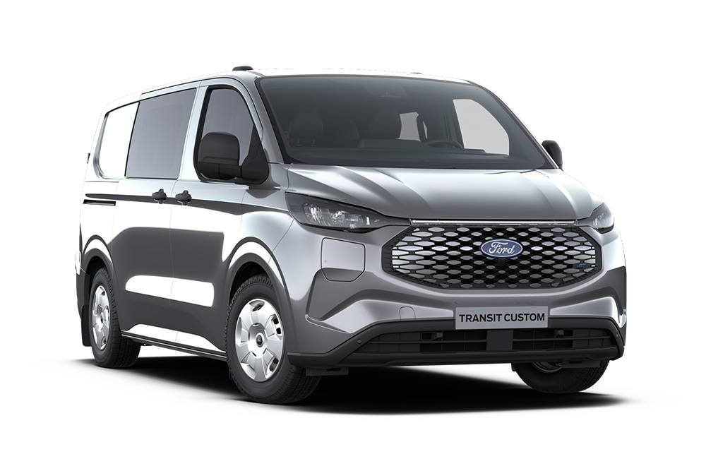 Fourgon Ford E-Transit Custom Trend Multi-use gris anthracite vu de face.