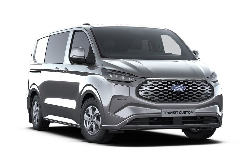 Fourgon Ford E-Transit Custom Limited Multi-use gris anthracite vu de face.