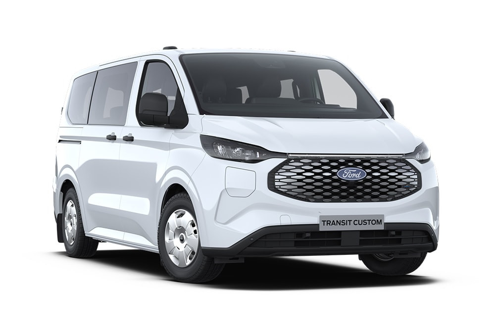 Fourgon électrique Ford E-Transit Custom Kombi blanc en vue avant inclinée.