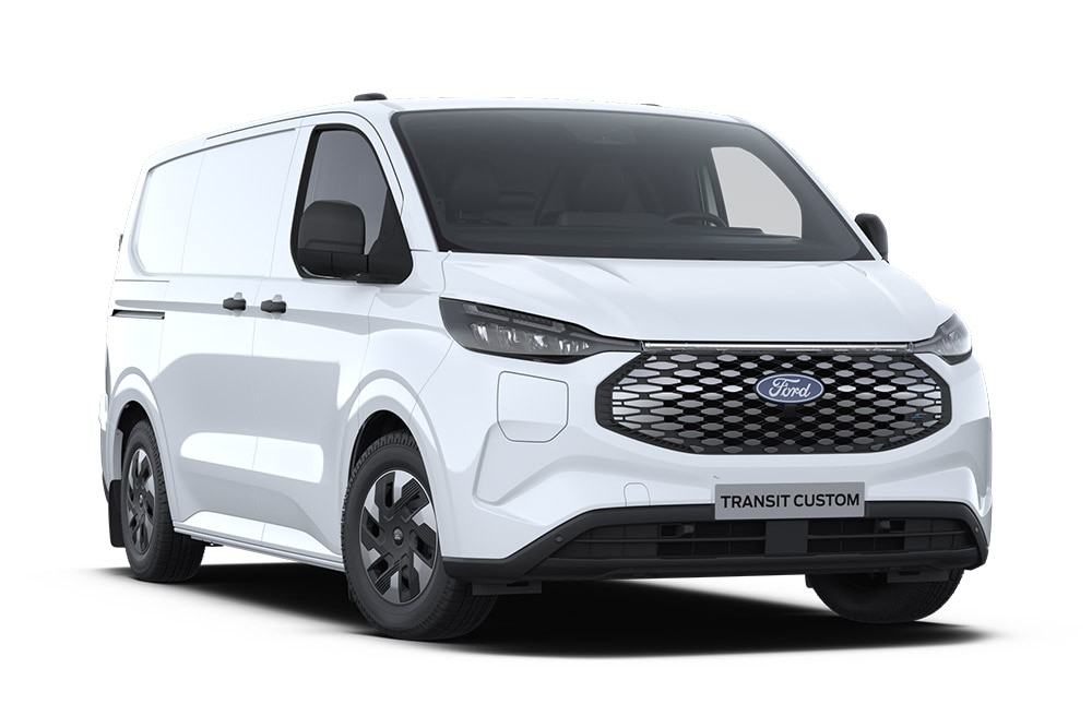 Fourgon électrique Ford E-Transit Custom blanc, vu de devant.