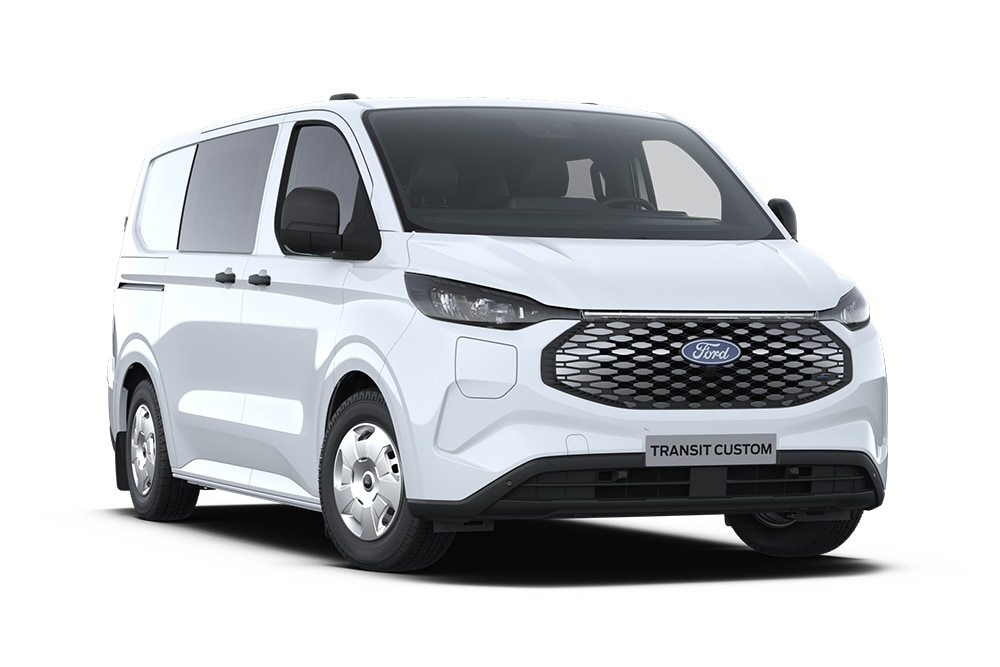 Fourgon électrique Ford E-Transit Custom Multi-use blanc en vue avant inclinée.