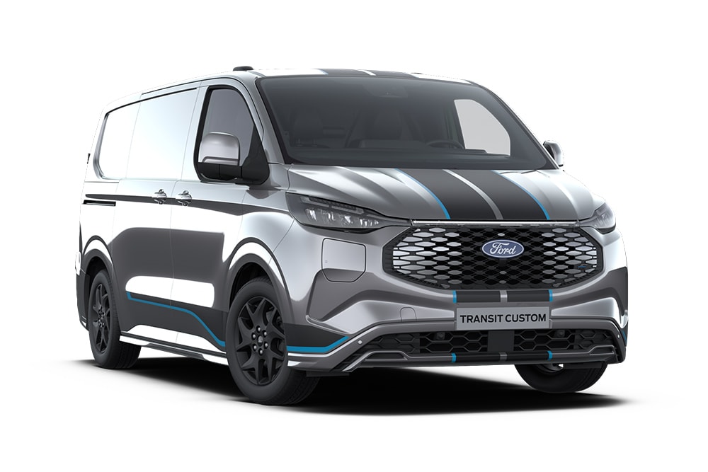 Fourgon Ford E-Transit Custom Sport gris anthracite vu de face.