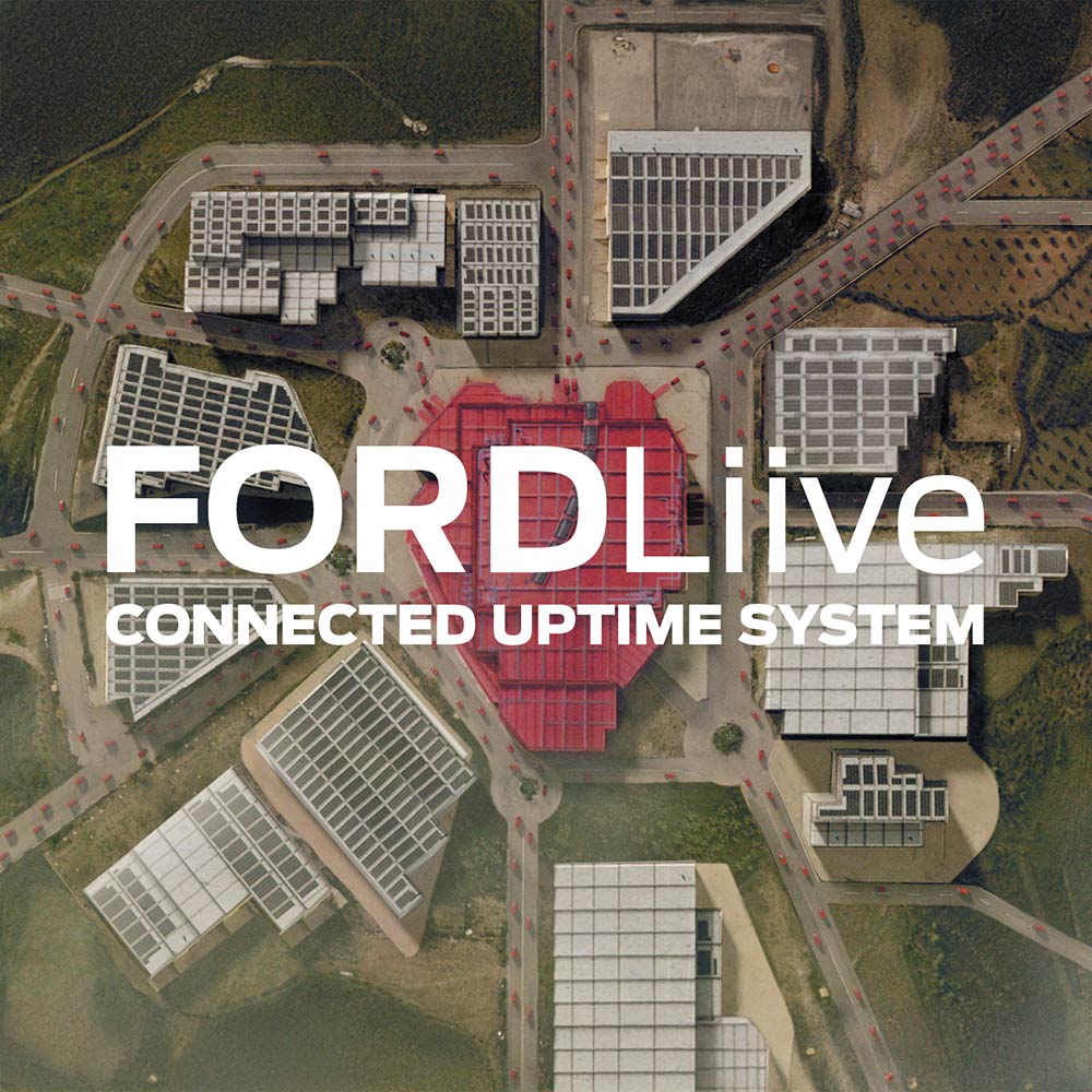 Vue aérienne d'une usine avec le logo FordLiive.