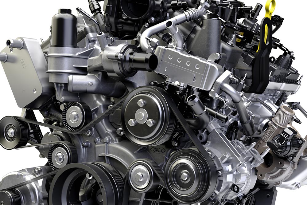 Gros plan sur le moteur 3.0L V6 EcoBoost du Ford Ranger Raptor.
