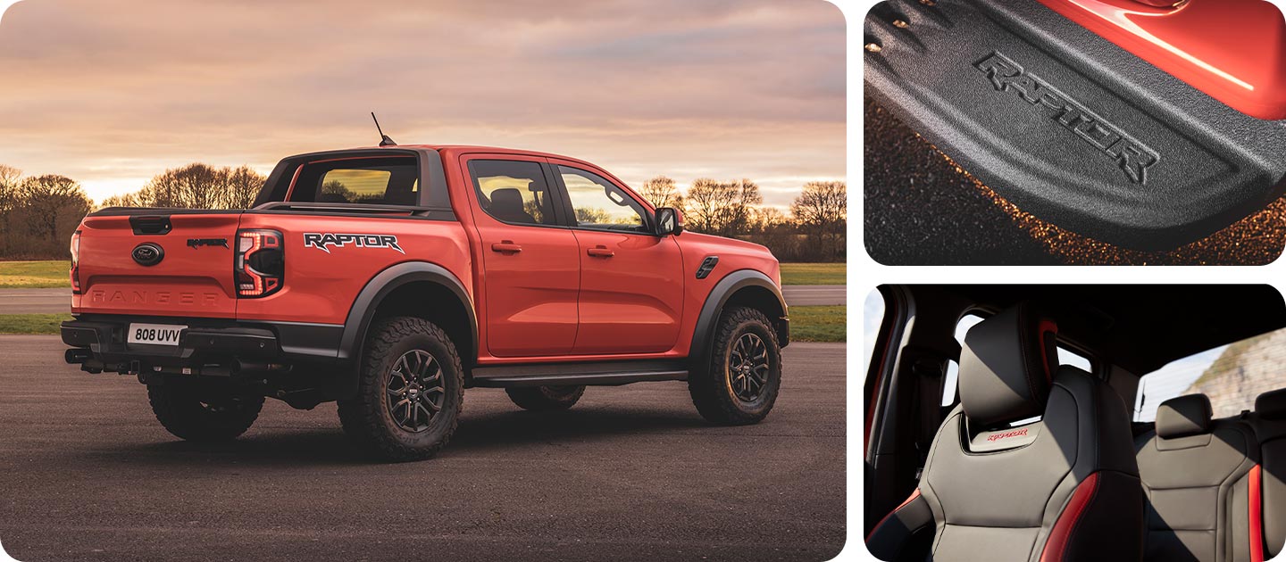 Montage de trois images du Ford Ranger Raptor en couleur Code Orange : vue arrière trois quarts, gros plan sur le pare-chocs arrière et gros plan sur les sièges.