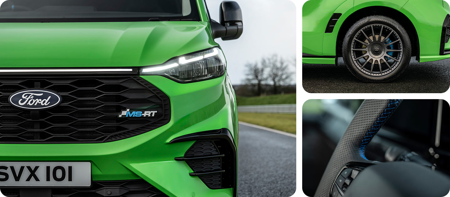 Vue avant d'un Ford Transit Custom MS-RT vert.