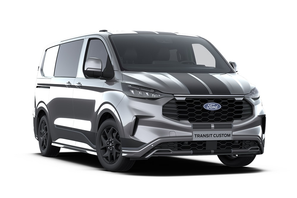 Fourgon Sport Ford Transit Custom double cabine gris anthracite avec des touches de bleu.