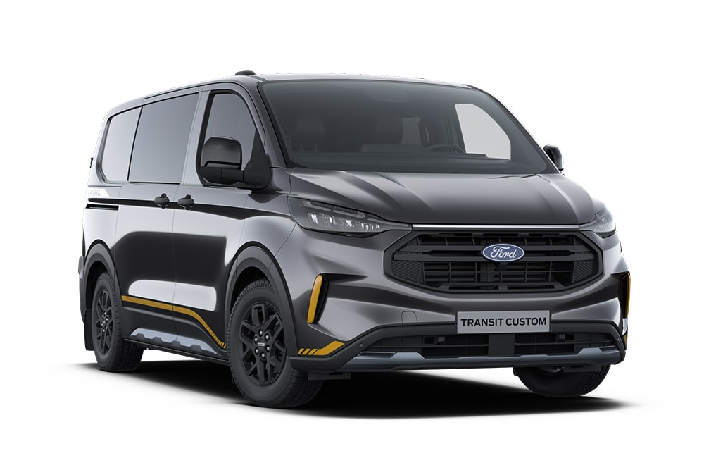 Fourgon Trail Ford Transit Custom double cabine gris anthracite avec des touches dorées.