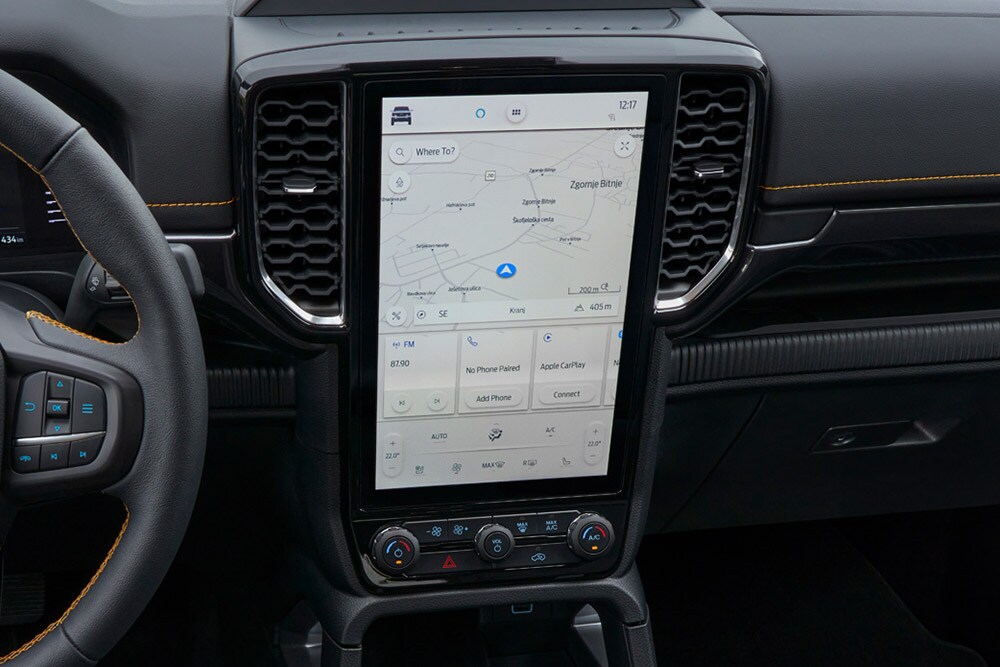 Gros plan sur l'écran tactile central SYNC™ 4 de 12 pouces du Ford Ranger.