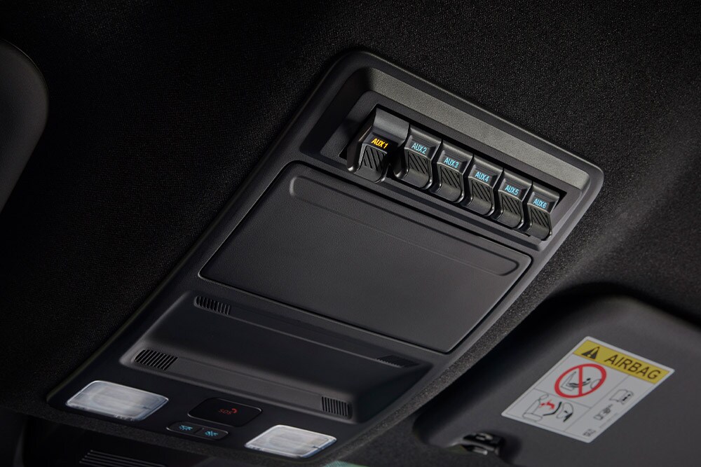 Gros plan sur les mains reliant les câbles à la prise de courant dans la benne du Ford Ranger.