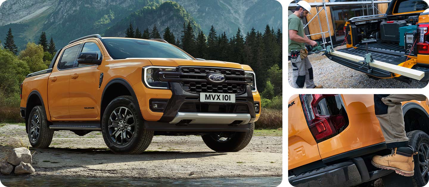 Un Ford Ranger Wildtrak jaune stationné sur un terrain rocheux avec un arrière-plan montagneux.