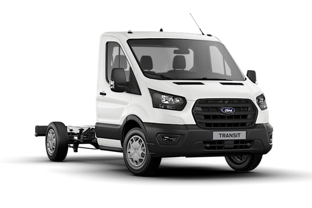 Fourgon Ford Transit châssis-cabine simple Trend blanc sur fond blanc.
